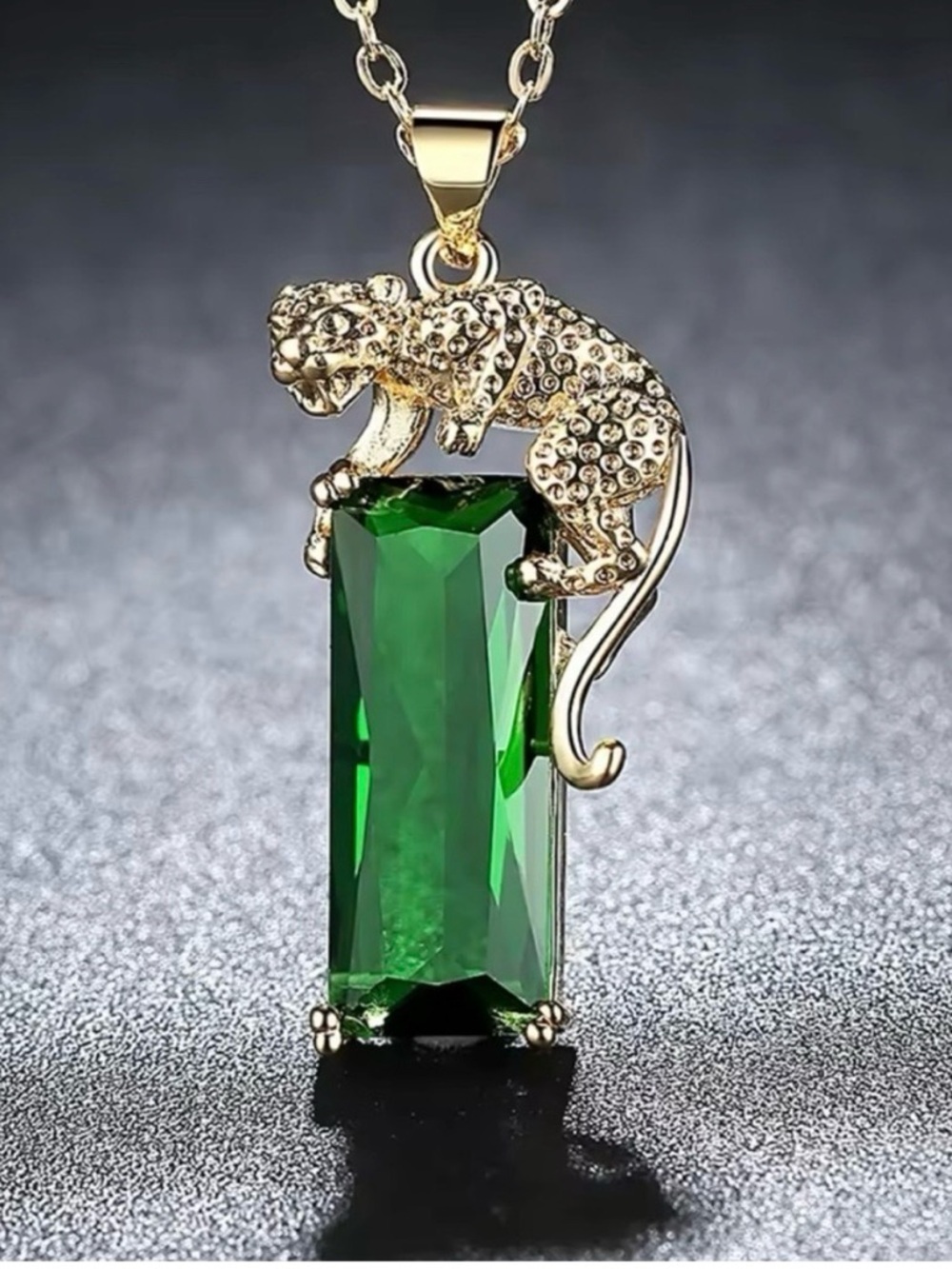 Gold Leopard Pendant Necklace with Emerald Green Crystal